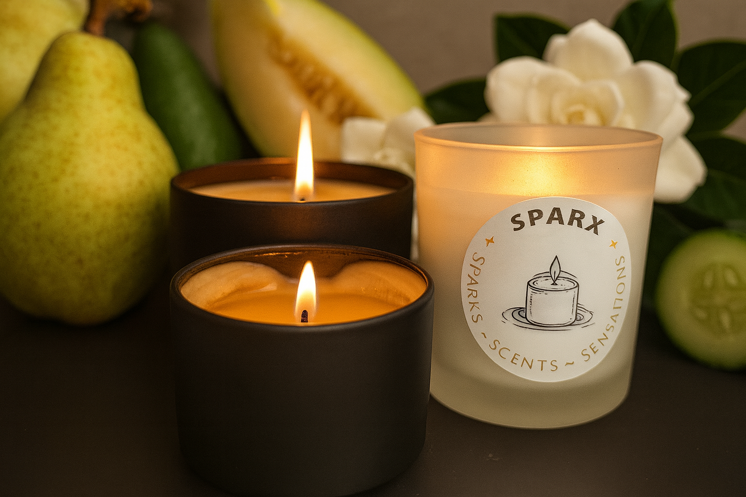 Burning candles with fruit, cucumber, and flowers on a dark surface.