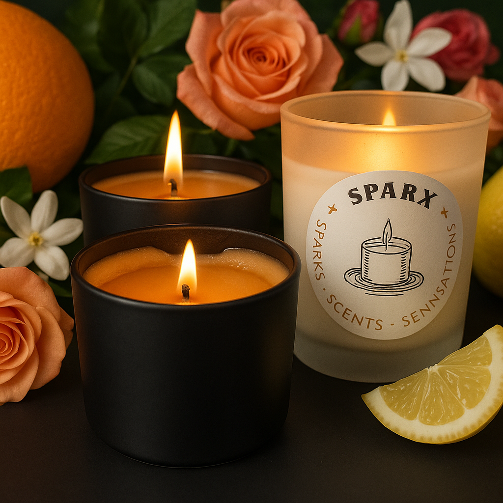 Three lit candles, surrounded by roses, orange slice, and lemon, with the brand label