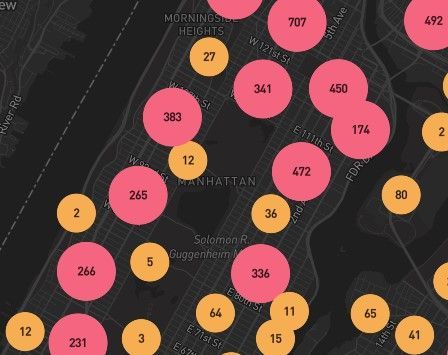 Map of Manhattan with red and orange circles indicating data points, with numbers inside each circle.
