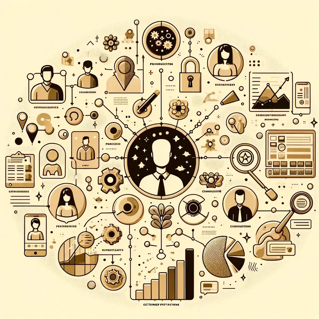 Central figure surrounded by connected icons representing business, data, and people.