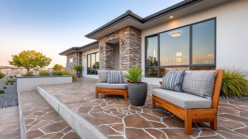 Modern patio with stone flooring, wooden benches, potted plants, and a house exterior at sunset