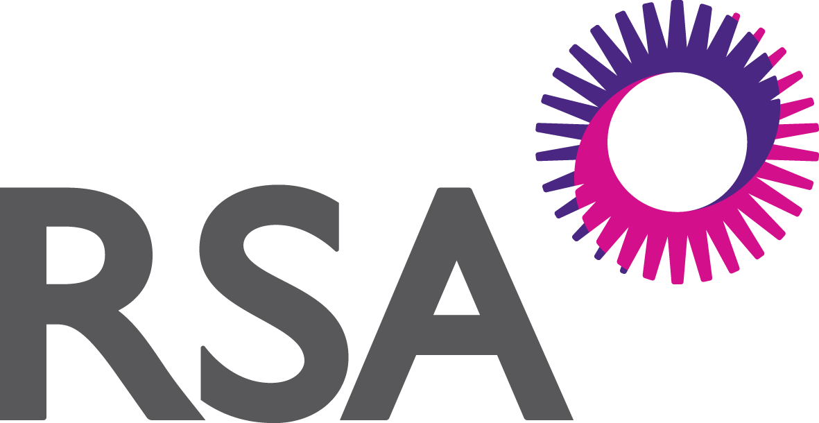Logo RSA avec texte gris et motif circulaire violet/rose.