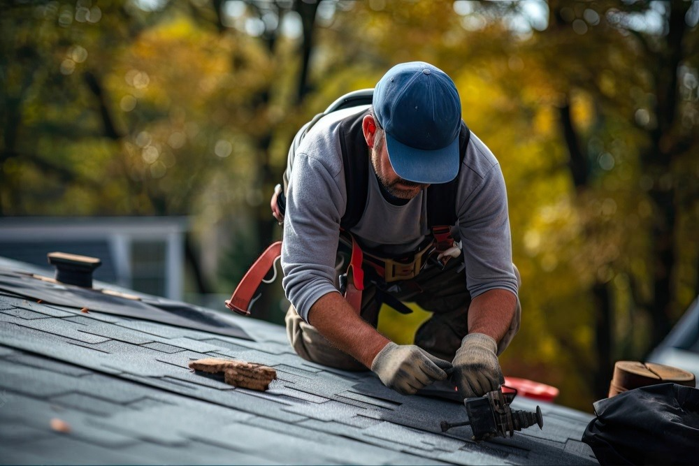 A skilled roofer diligently repairs and constructs a home's roof using asphalt shingles, ensuring a sturdy and weather-resistant roofing project.