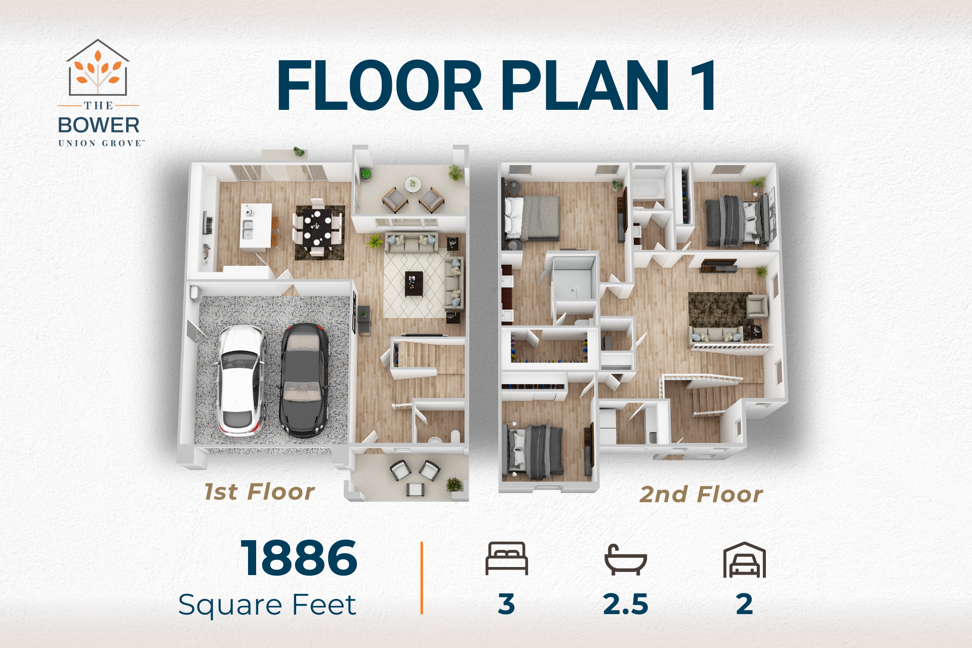 Floor plan of a two-story home, showing first and second floors with rooms, furniture, and garage.