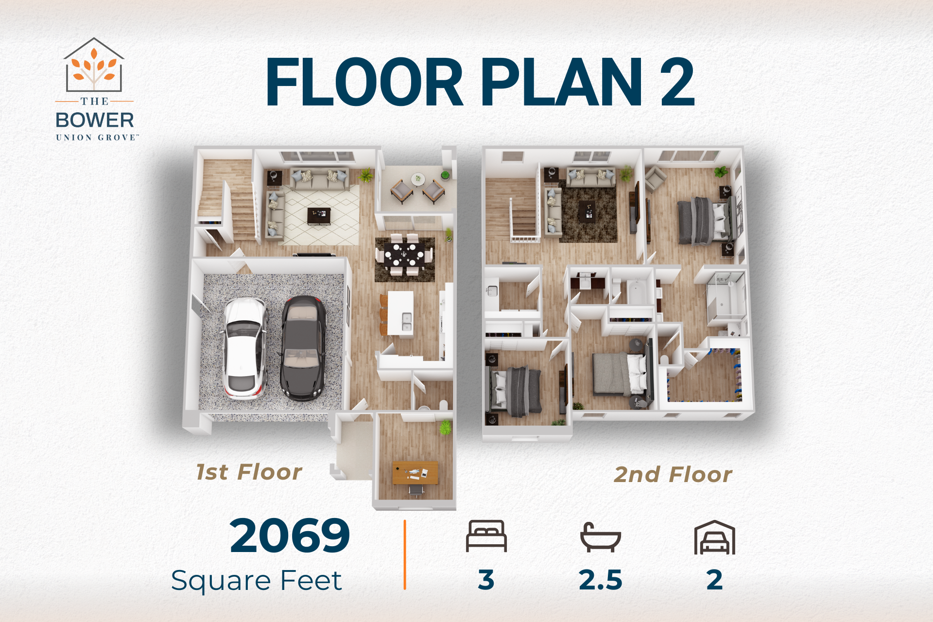 Floor plan: first and second floors of a house, showing rooms, furniture, and a two-car garage.