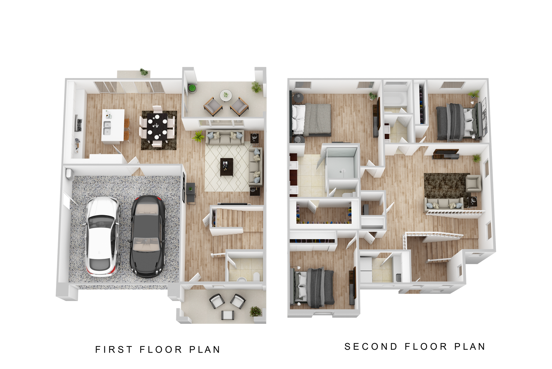 Floor plan of a two-story home, showing first and second floors with rooms, furniture, and garage.