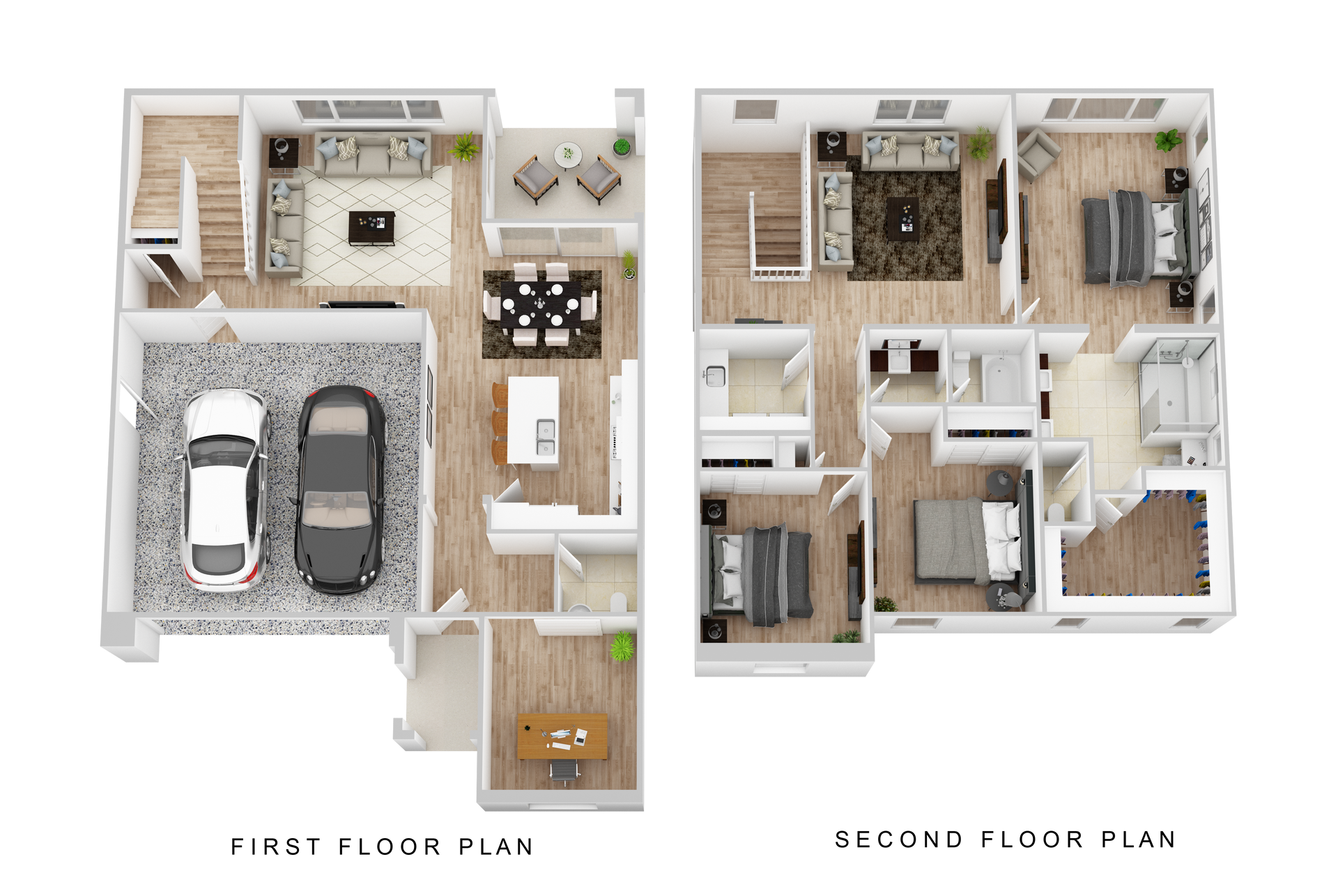 Floor plan: first and second floors of a house, showing rooms, furniture, and a two-car garage.