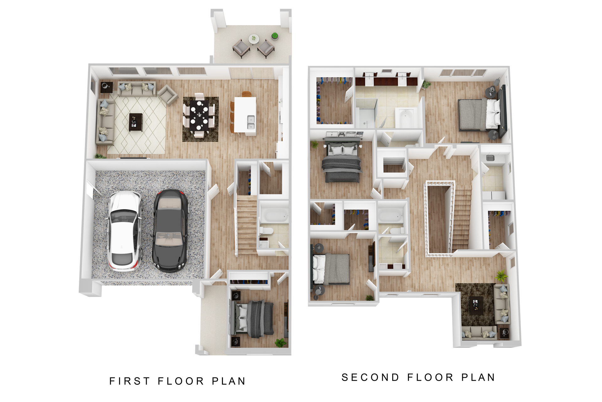 Floor plan of a two-story house, showing the first floor with a garage and living spaces, and the second floor with bedrooms.