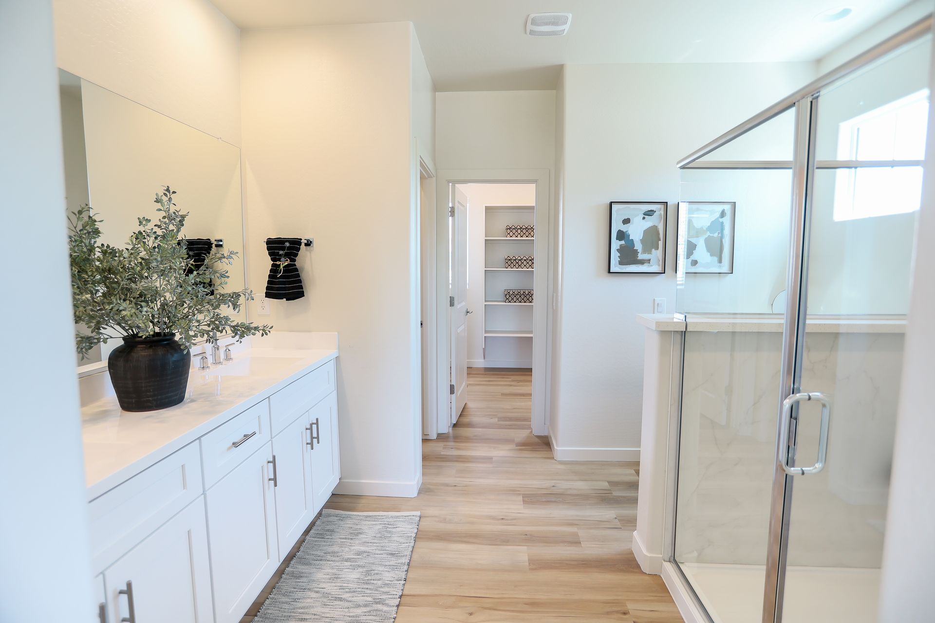 White bathroom with a long vanity, glass shower, and open doorway to a closet.