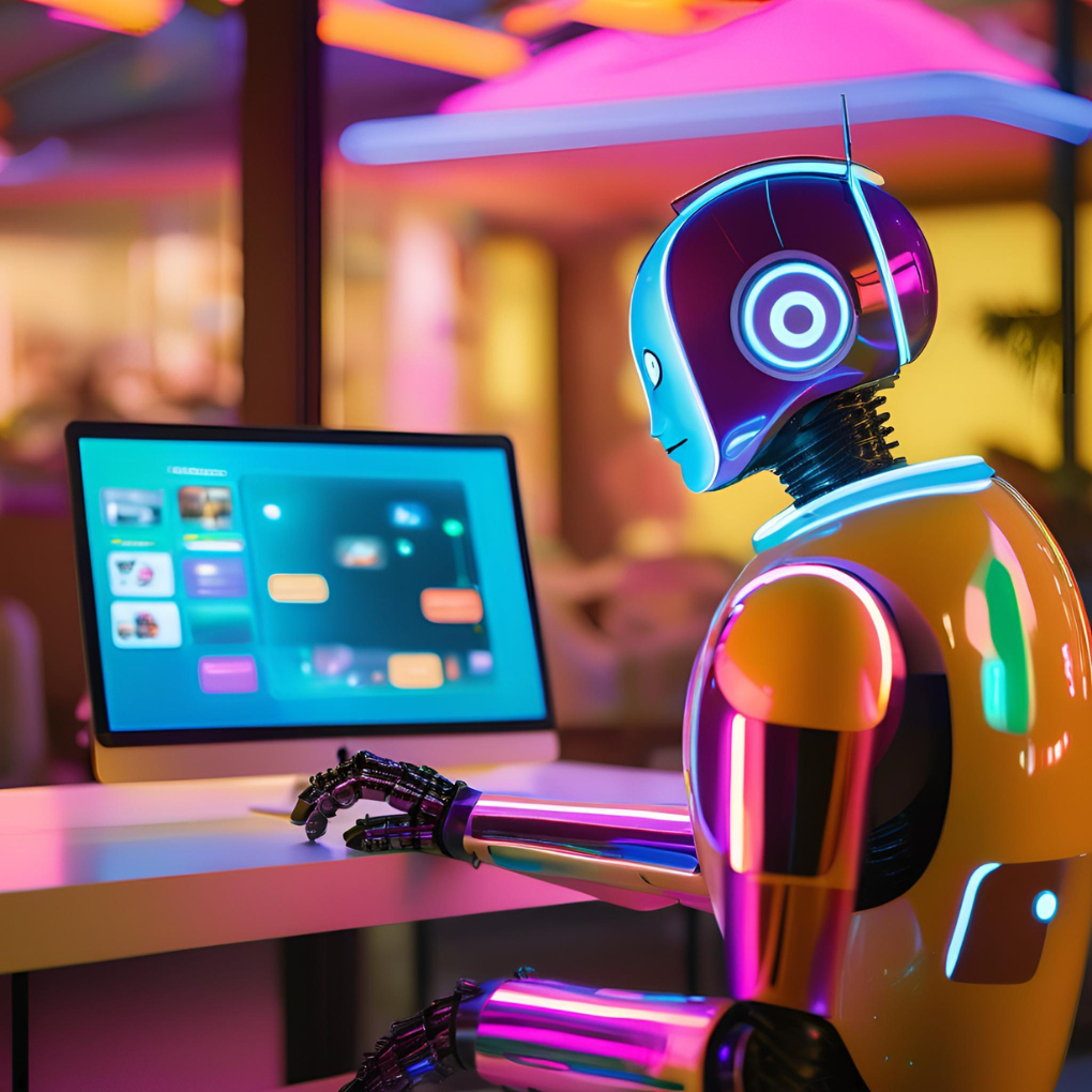 A robot is sitting in front of a laptop computer