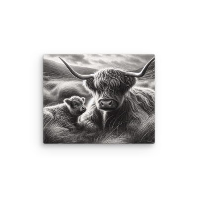 A black and white painting of a highland cow and her baby.
