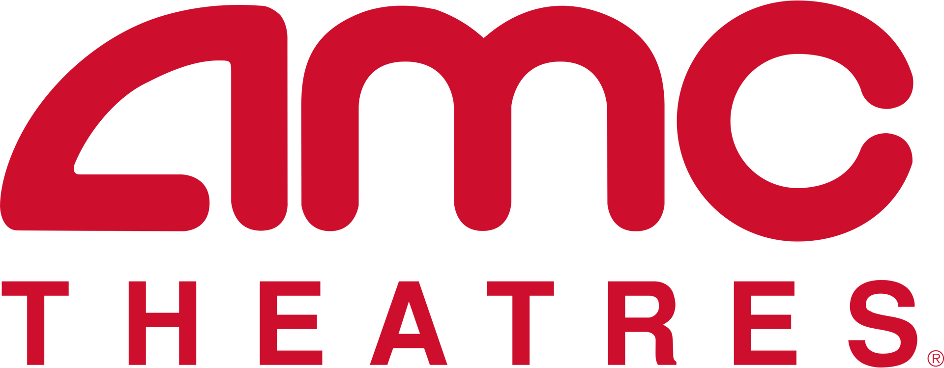 A red and white logo for amc theatres