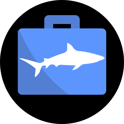 A blue briefcase with a shark on it.