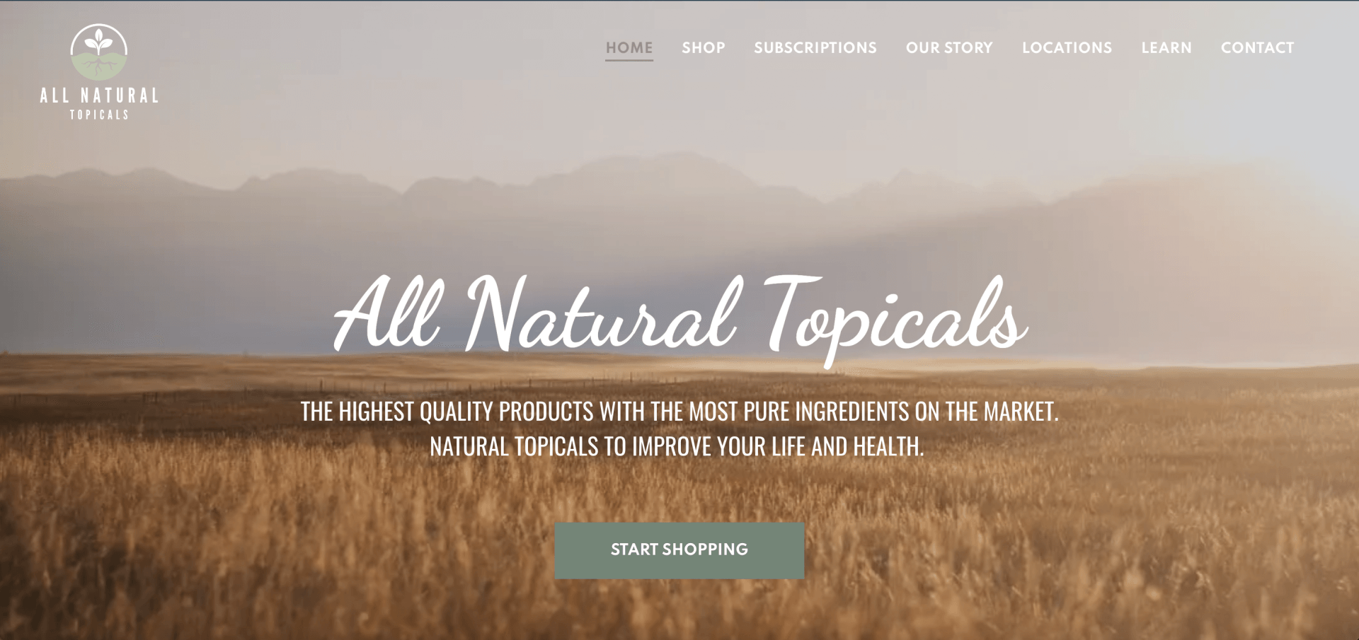 A website for all natural topicals shows a field with mountains in the background.