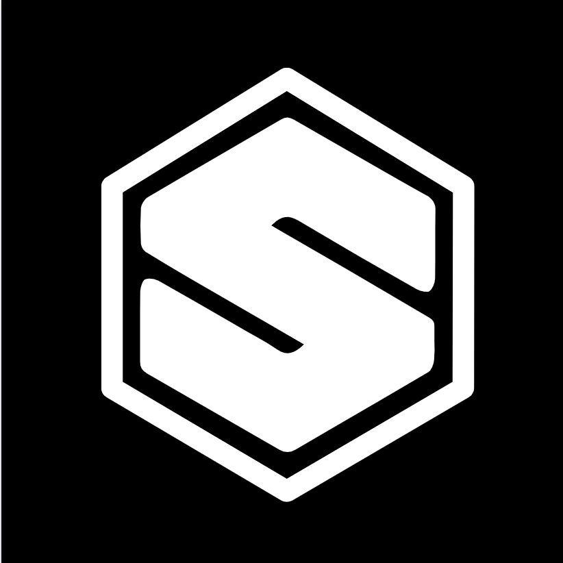 A white hexagon with the letter s inside of it on a black background.