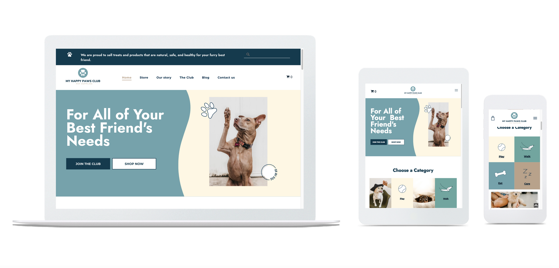 A laptop , tablet , and cell phone displaying a website for all of your best friend 's needs.