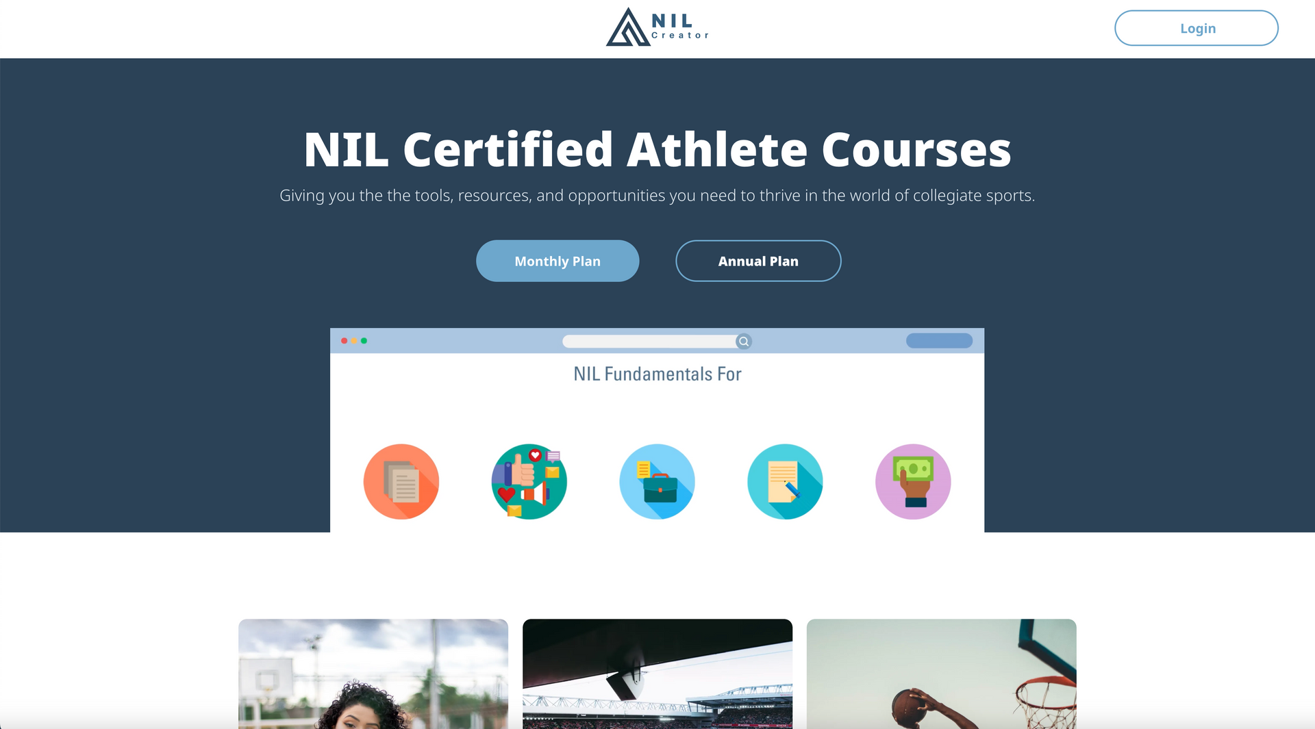 A screenshot of the nil certified athlete courses website.