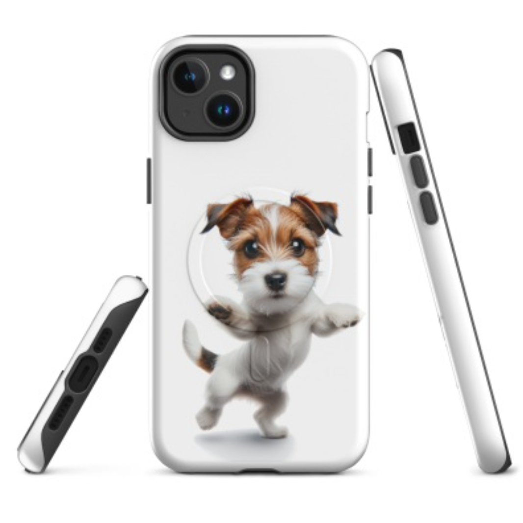 A phone case with a picture of a dog on it