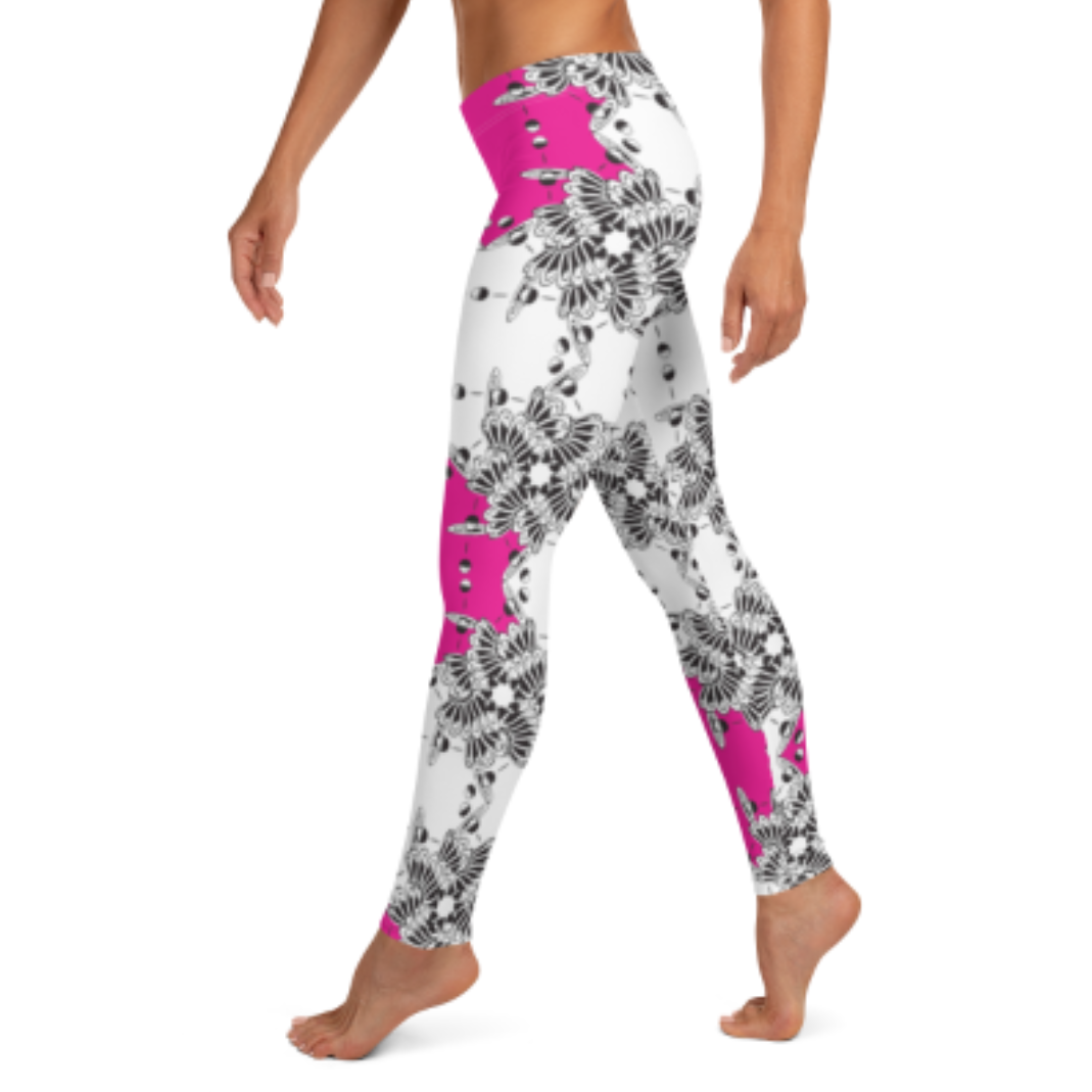 A woman wearing a pair of pink and white leggings