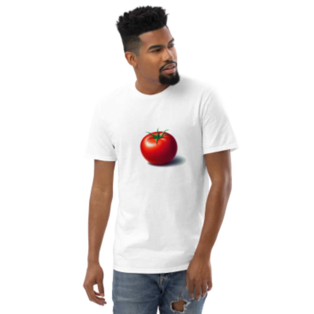 A man wearing a white t-shirt with a red tomato on it