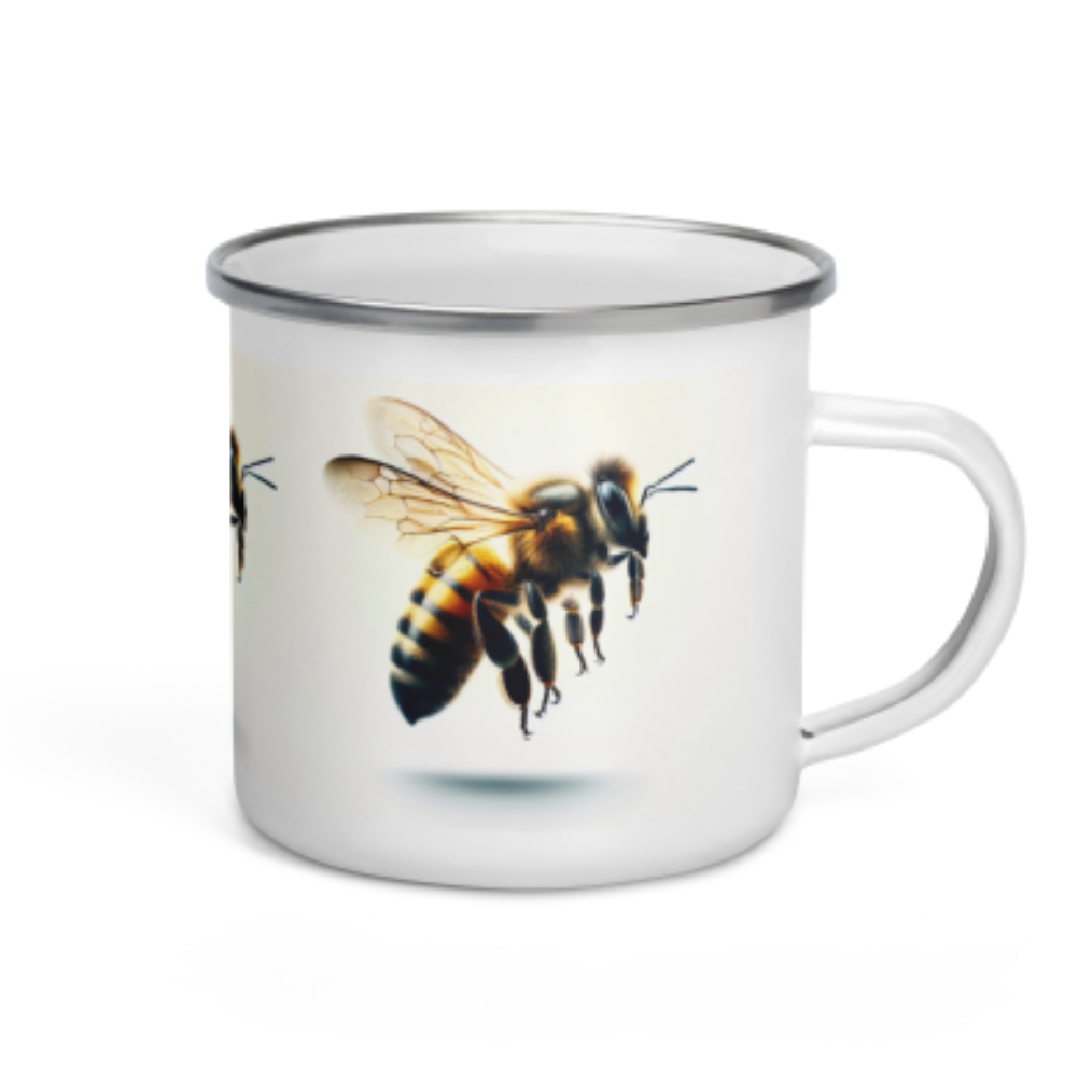 A white mug with a picture of a bee on it