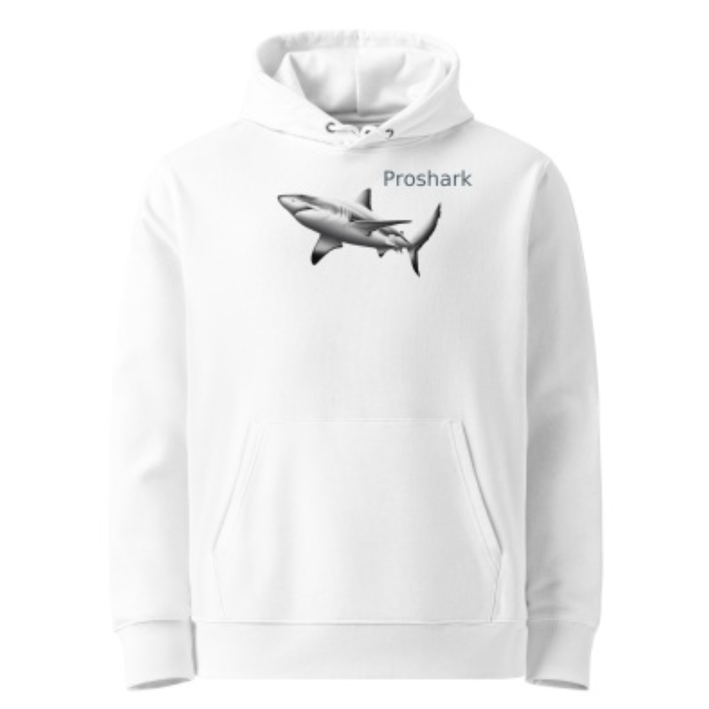 A white hoodie with a picture of a shark on it