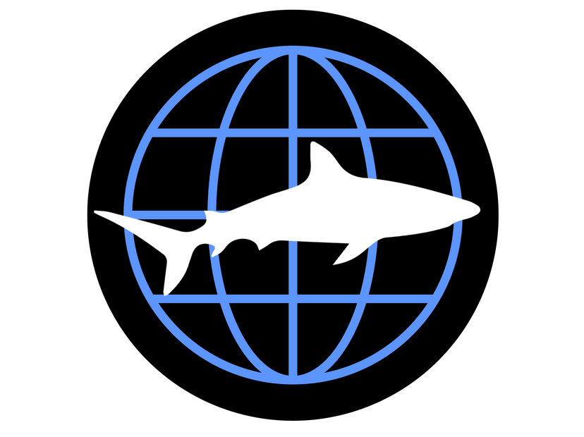 A shark is swimming in a circle with a globe in the background.