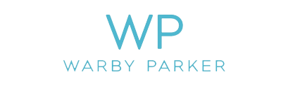 The logo for warby parker is blue and white on a white background.