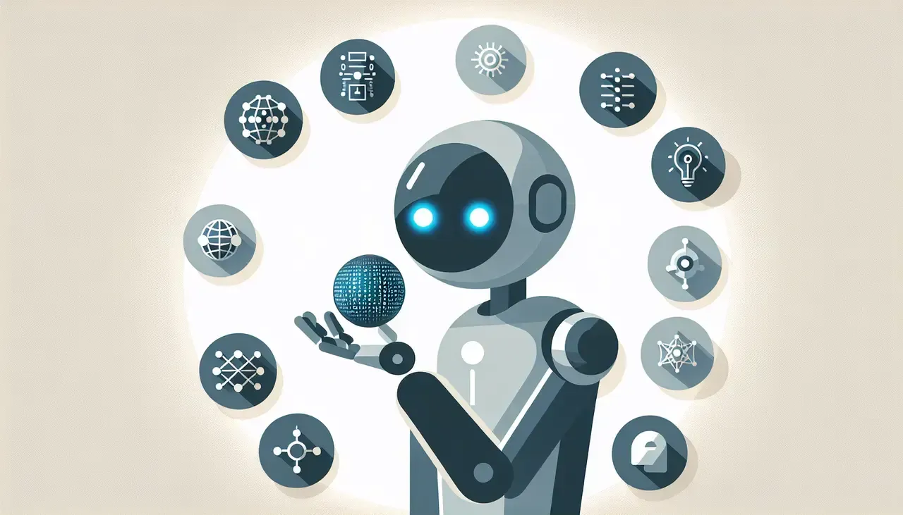 A robot with blue eyes is holding a ball in his hand surrounded by icons.
