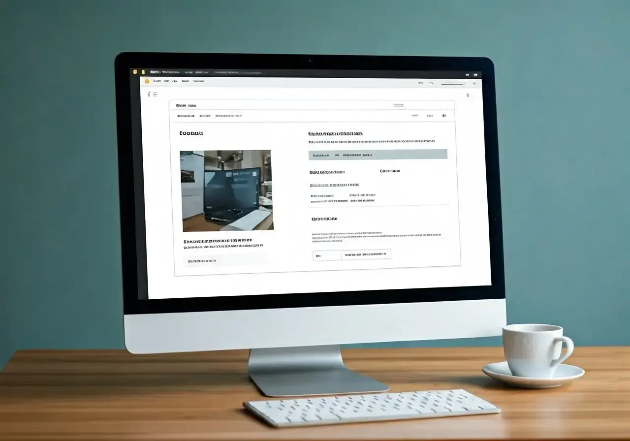 A computer is sitting on a wooden desk next to a cup of coffee.