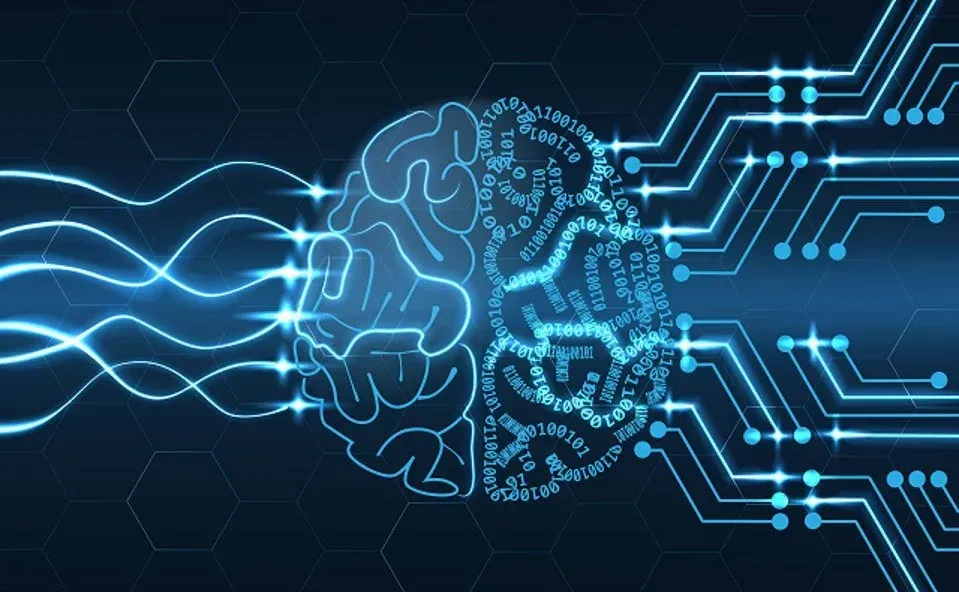 A computer generated image of a brain surrounded by circuit boards.