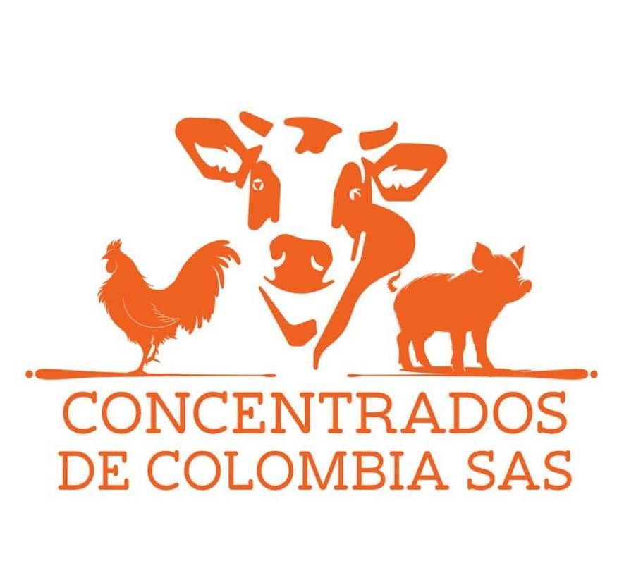 Logotipo naranja: siluetas de vaca, pollo y cerdo encima de 