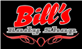 A logo for "Bill's Body Shop" featuring red text on a black background with a decorative pinstripe design at the bottom.
