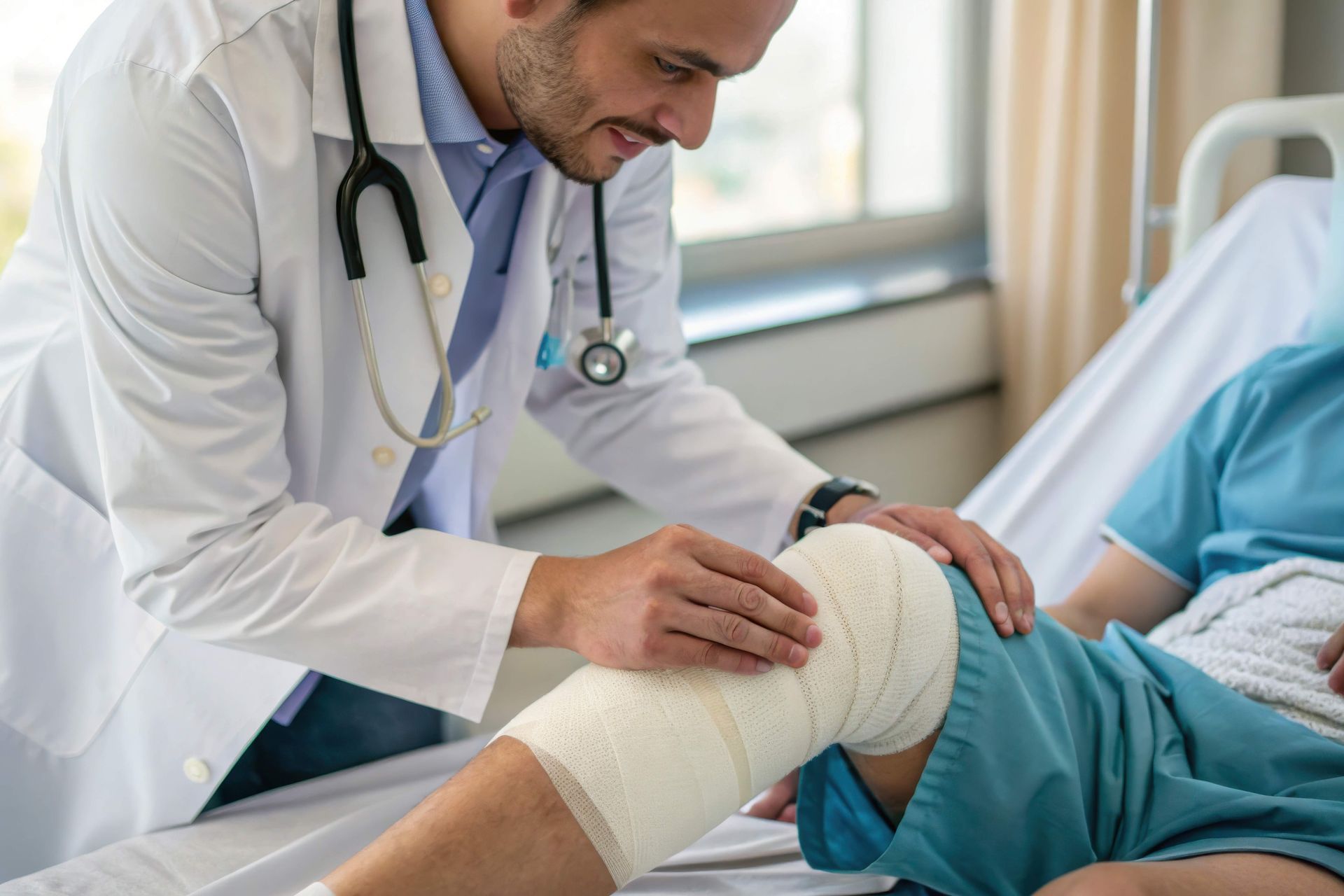 Doctor examining a patient's bandaged knee in a hospital room.