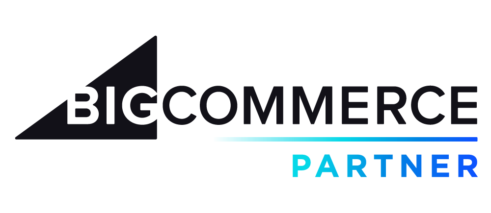 El logotipo del socio de bigcommerce es un logotipo negro y azul con un triángulo en el medio.