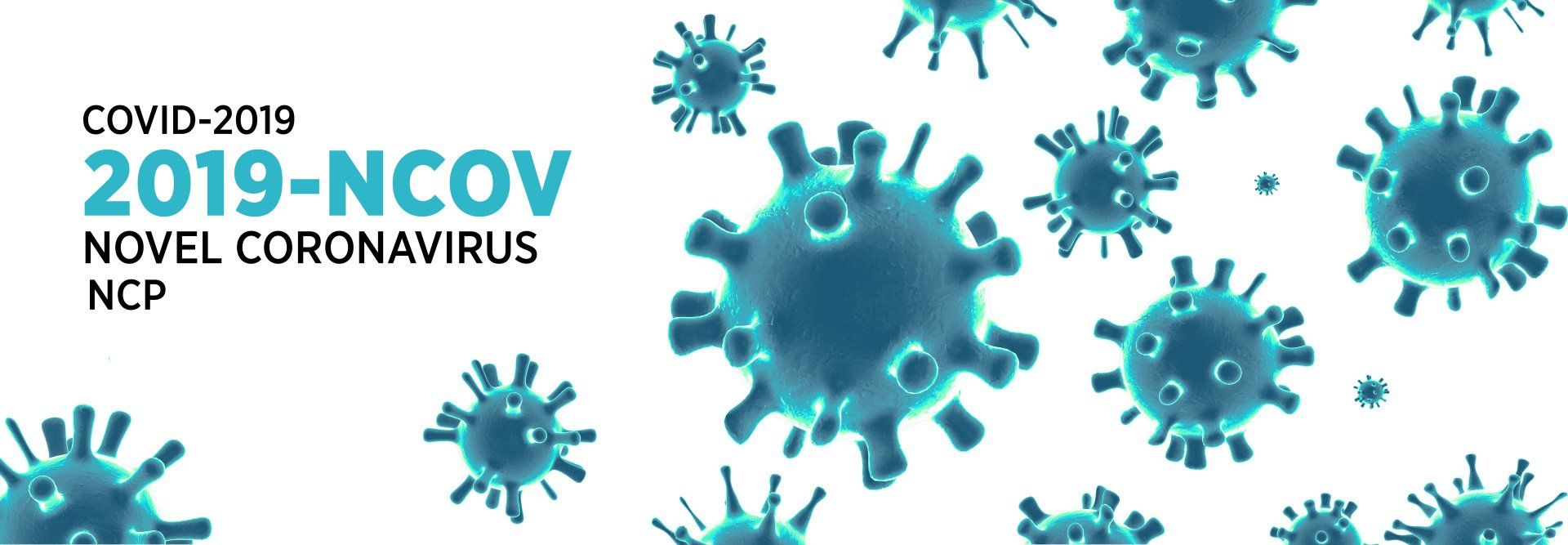 Illustration of novel coronavirus particles with text: 