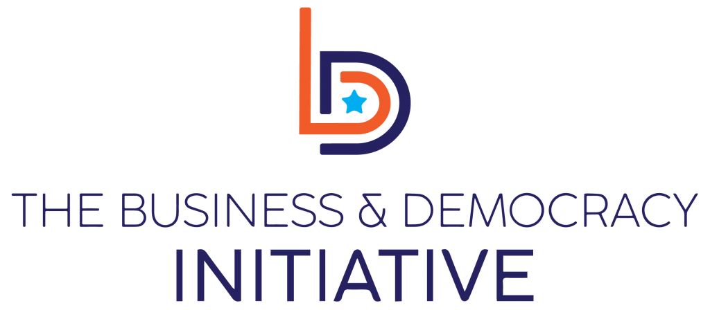 Logo for The Business & Democracy Initiative.  Blue and orange design with a letter 