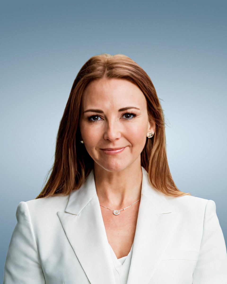 Woman in white blazer, looking at the viewer, set against a gradient blue background.