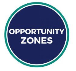 A dark blue circle with white text: OPPORTUNITY ZONES, surrounded by a teal and white circle.