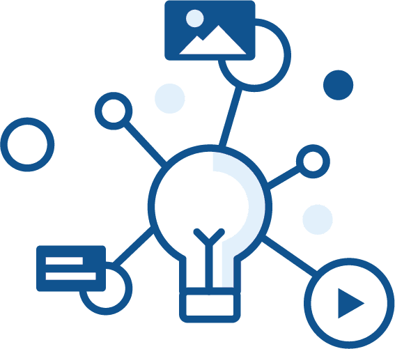 An icon of a light bulb surrounded by various icons.