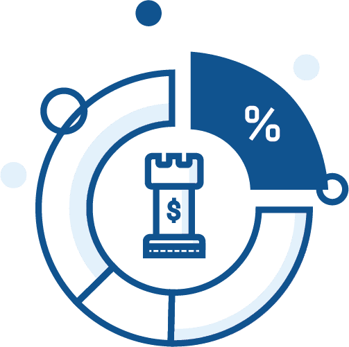 A pie chart with a castle and a dollar sign inside of it.