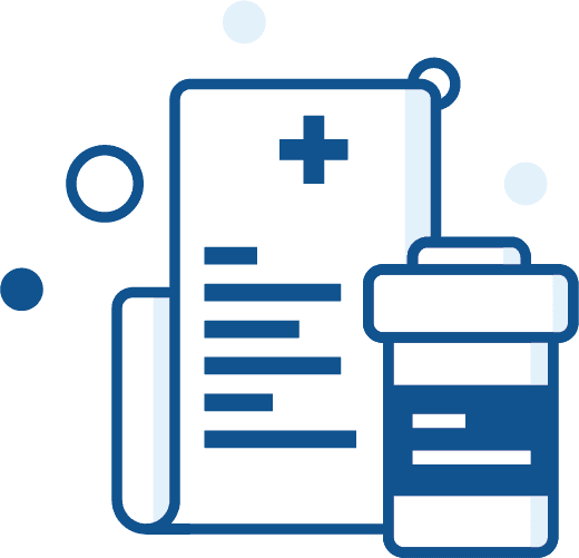 An icon of a bottle of pills next to a piece of paper with a cross on it.