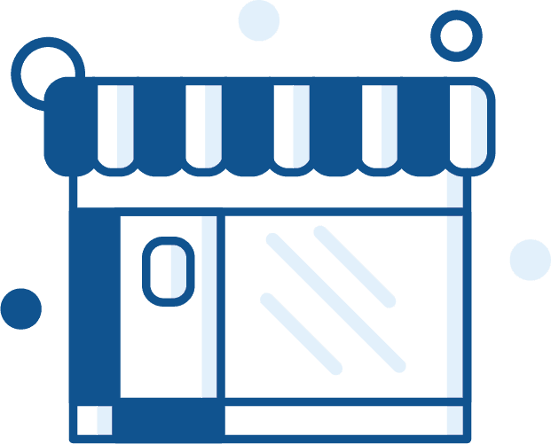 An icon of a store with a blue awning and a door.