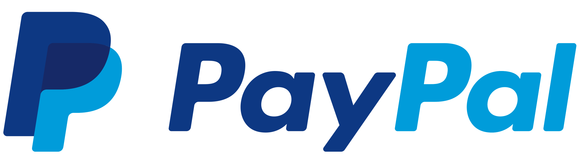 A blue and white paypal logo on a white background