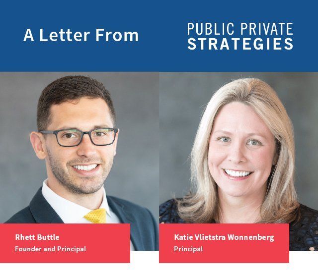 Letterhead with headshots of Rhett Buttle and Katie Vlietstra Wossenberg. Blue and red text.