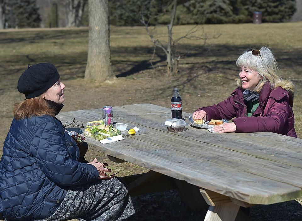 Two women at a picnic table, laughing. Food and drinks are on the table in an outdoor park setting.