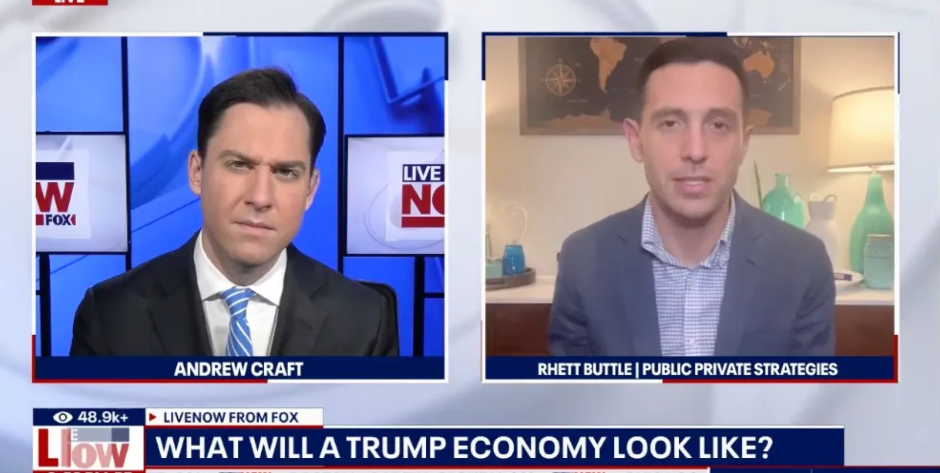 Two men in a TV studio discuss the economy. One interviewer is on location. The other is a guest appearing remotely.