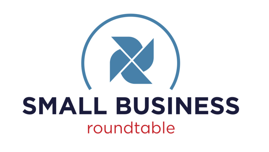 Logo for Small Business Roundtable: blue text and a circular icon with an abstract pinwheel design.