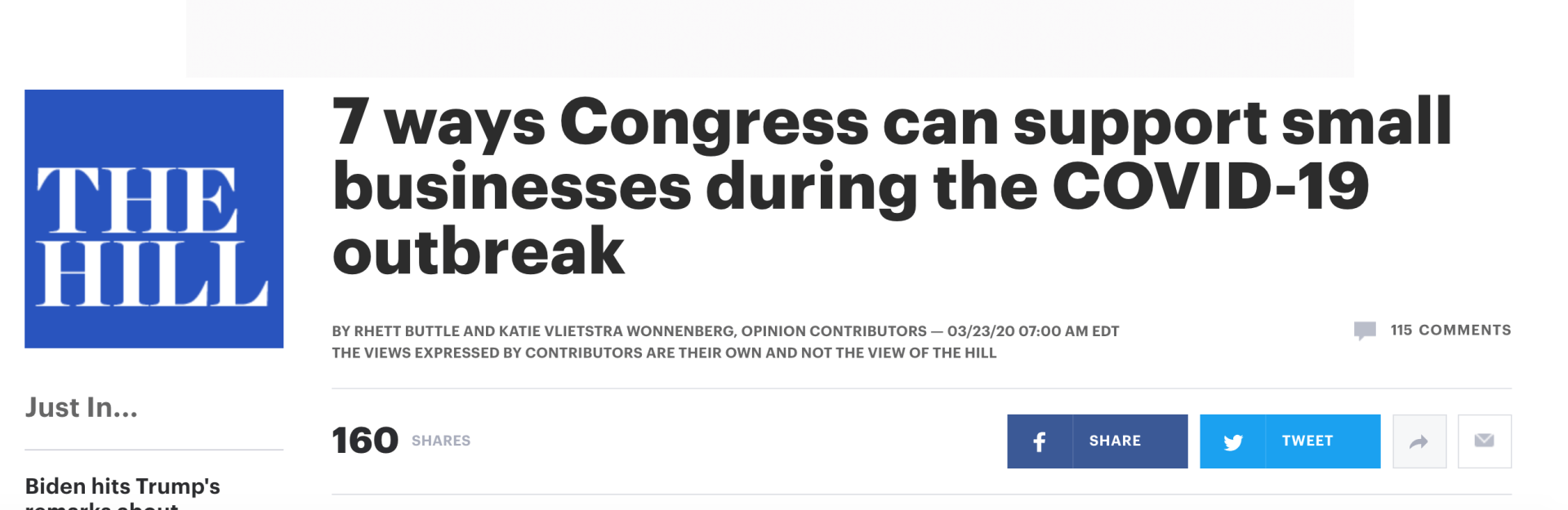 The Hill article: 7 ways Congress can support small businesses during the COVID-19 outbreak.
