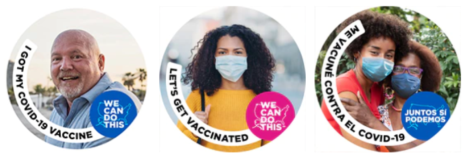 Three circular vaccine promotion graphics: a man, a woman in a mask, and two people with masks, all with 